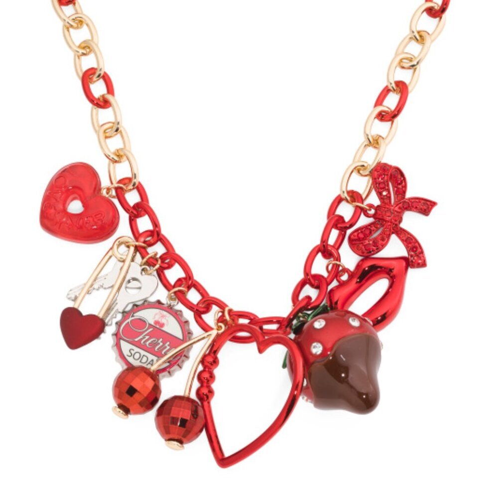NWT BETSEY JOHNSON Love Spell Valentines Red Charm Statement Gold Tone Necklace